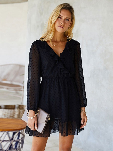 Long Sleeves Ruffles Polyester Short Mini Dresses