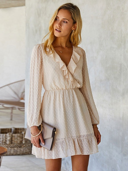 Long Sleeves Ruffles Polyester Short Mini Dresses