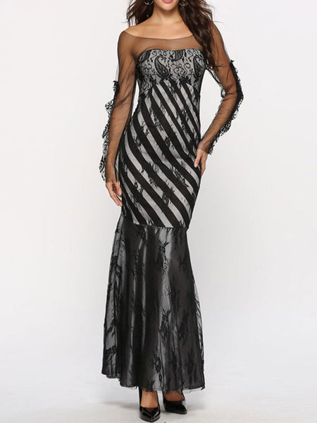 Long Sleeves Stripes Jewel Neck Pleated Layered Polyester Floor Length Maxi Dress