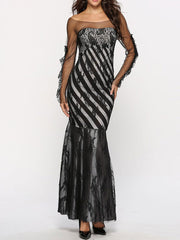 Long Sleeves Stripes Jewel Neck Pleated Layered Polyester Floor Length Maxi Dress