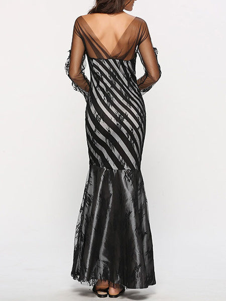 Long Sleeves Stripes Jewel Neck Pleated Layered Polyester Floor Length Maxi Dress