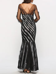 Long Sleeves Stripes Jewel Neck Pleated Layered Polyester Floor Length Maxi Dress