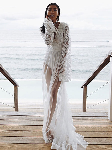 Long Sleeves V Neck Polyester Floor Length Dress