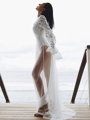 Long Sleeves V Neck Polyester Floor Length Dress