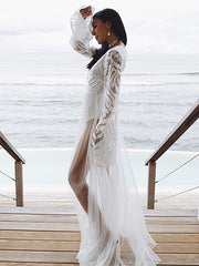 Long Sleeves V Neck Polyester Floor Length Dress