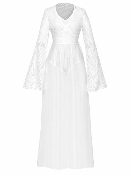 Long Sleeves V Neck Polyester Floor Length Dress