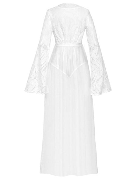 Long Sleeves V Neck Polyester Floor Length Dress
