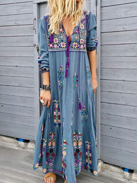 Long Sleeves V-Neck Polyester Floor Length Maxi Dress