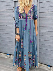Long Sleeves V-Neck Polyester Floor Length Maxi Dress