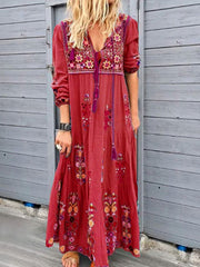 Long Sleeves V-Neck Polyester Floor Length Maxi Dress