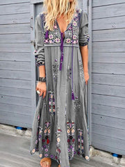 Long Sleeves V-Neck Polyester Floor Length Maxi Dress