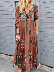 Long Sleeves V-Neck Polyester Floor Length Maxi Dress