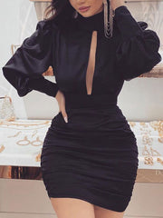 Elegant Zipper High Collar Sheath Bodycon Mini Dress