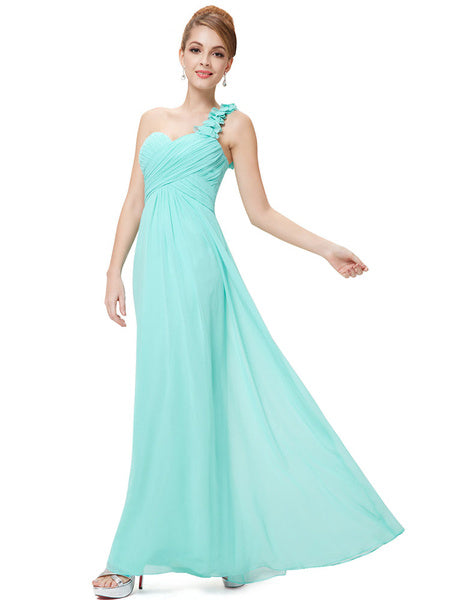 Long Chiffon One Shoulder Flower A Line Draping Wedding Party Bridesmaid Dress
