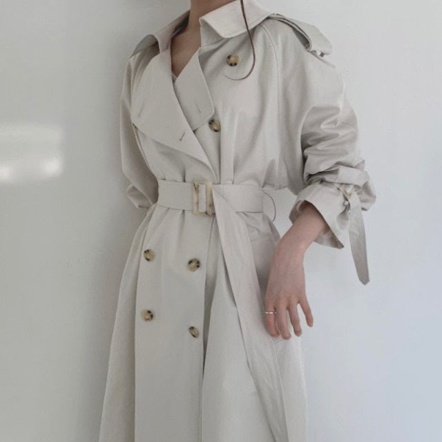 Long Trench Coat Loose Open Fork Slim High Waist Windbreakers
