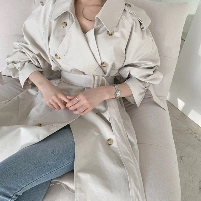 Long Trench Coat Loose Open Fork Slim High Waist Windbreakers