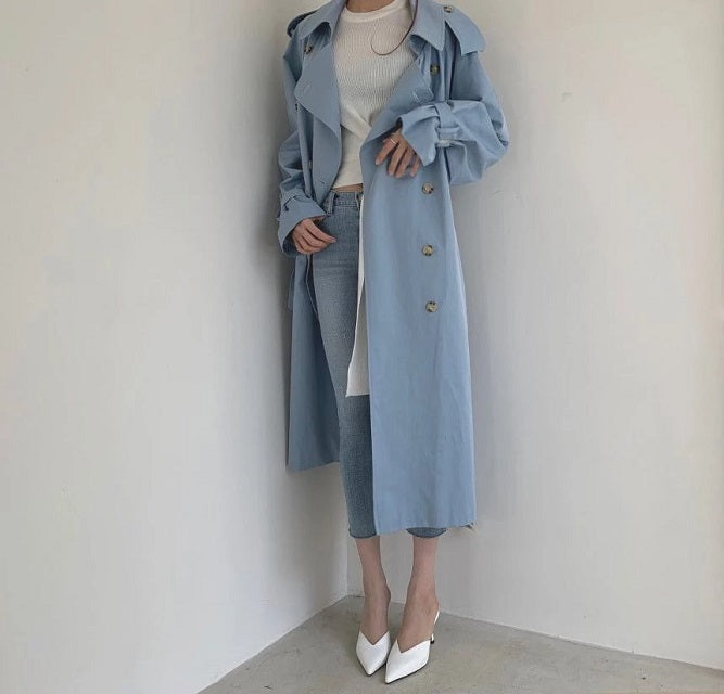 Long Trench Coat Loose Open Fork Slim High Waist Windbreakers
