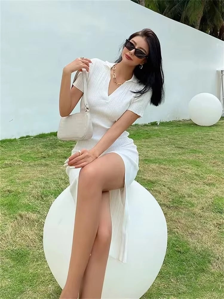 Long Vestidos Vintage Beach Party Bodycon Knitted Slim Dress