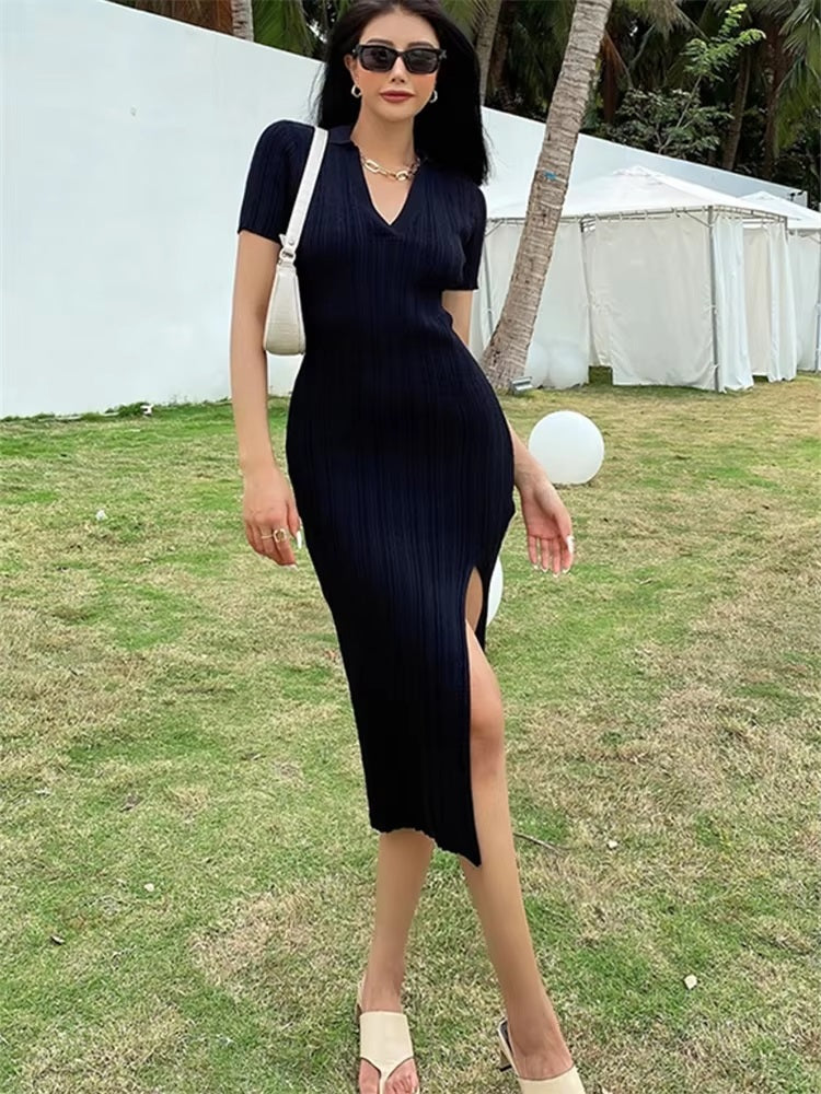 Long Vestidos Vintage Beach Party Bodycon Knitted Slim Dress