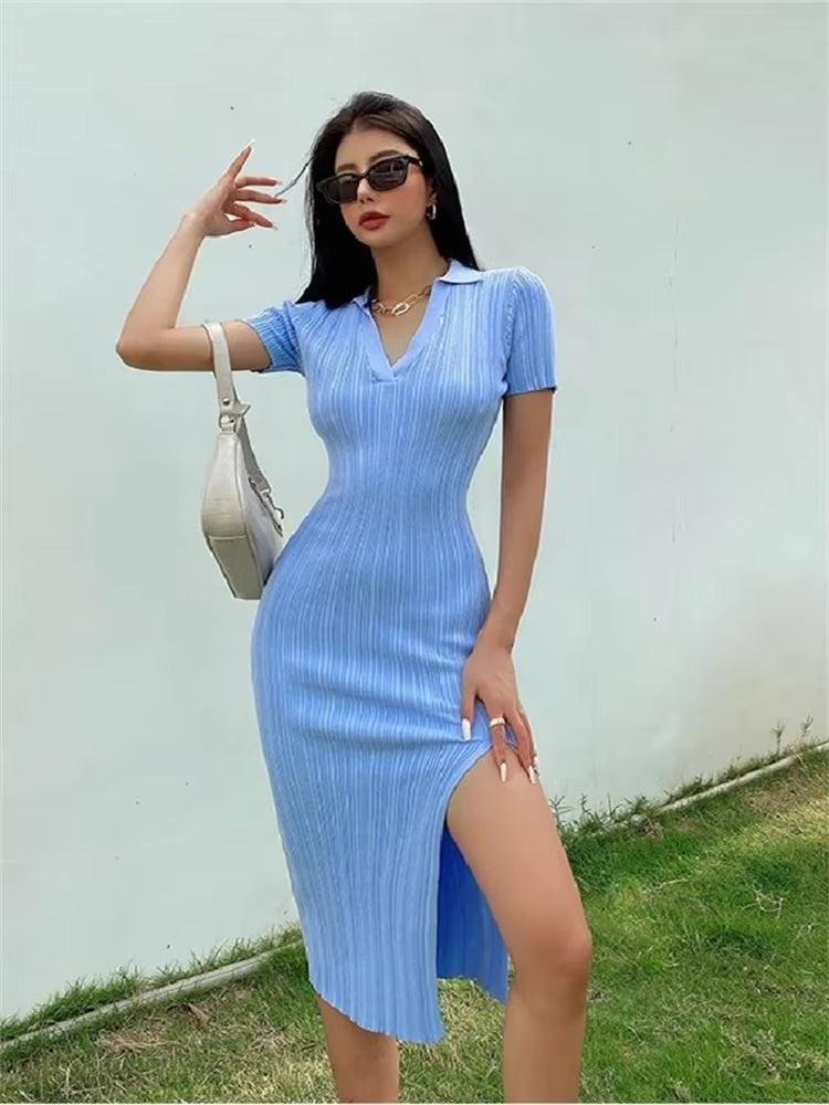 Long Vestidos Vintage Beach Party Bodycon Knitted Slim Dress
