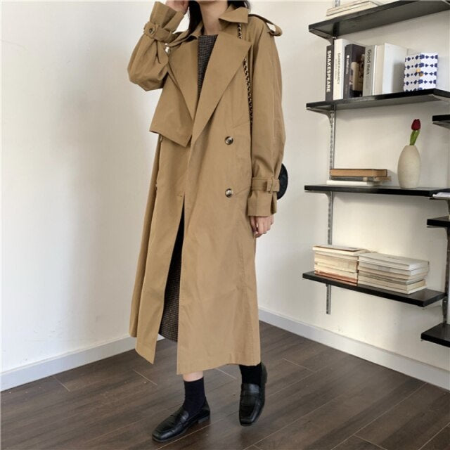 Loose Long Dust Coat A Line Leisure Long Sleeve Coat Solid Belt Waist