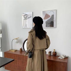 Loose Long Dust Coat A Line Leisure Long Sleeve Coat Solid Belt Waist