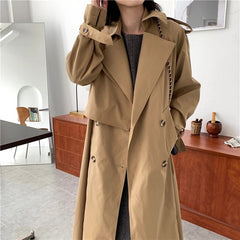 Loose Long Dust Coat A Line Leisure Long Sleeve Coat Solid Belt Waist