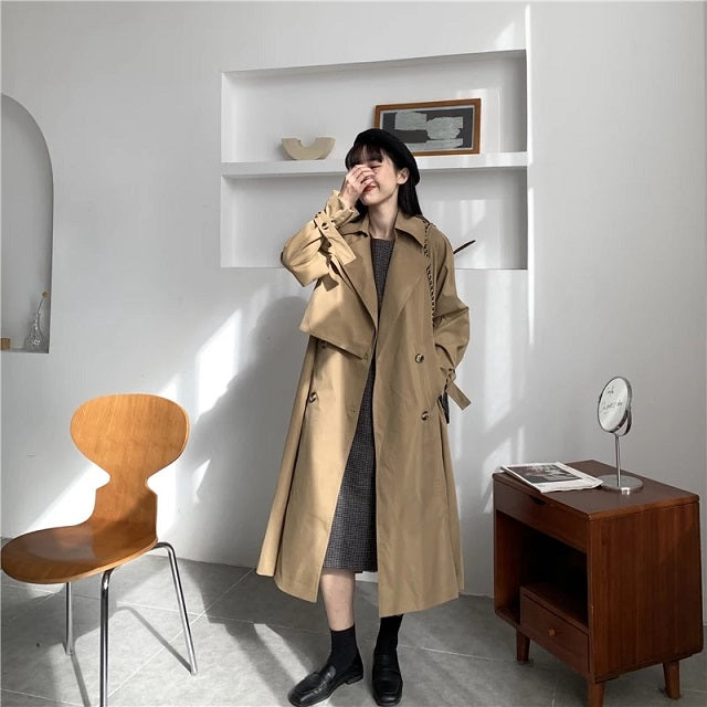 Loose Long Dust Coat A Line Leisure Long Sleeve Coat Solid Belt Waist