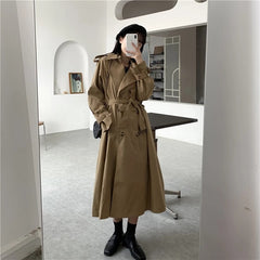 Loose Long Dust Coat A Line Leisure Long Sleeve Coat Solid Belt Waist