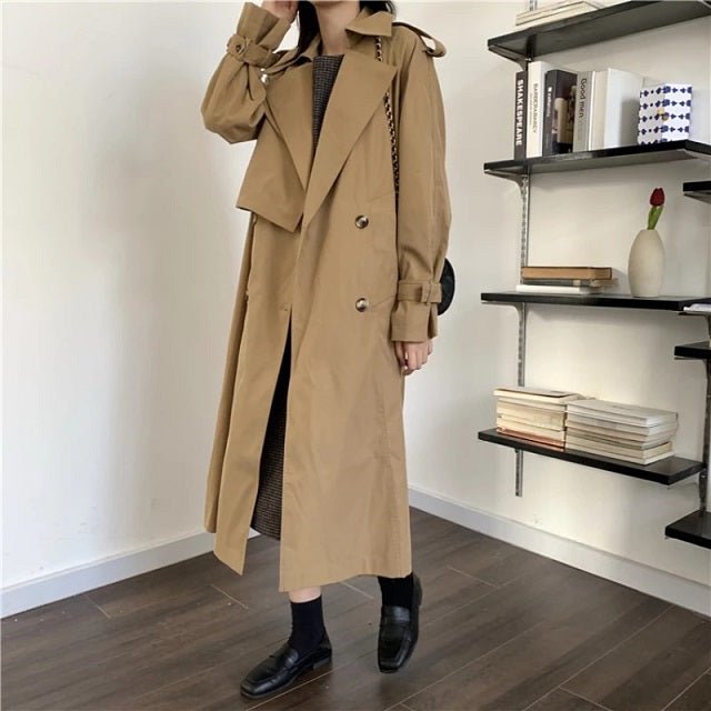 Loose Long Dust Coat A Line Leisure Long Sleeve Coat Solid Belt Waist