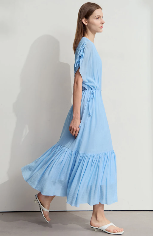 Ruffled Sleeveless V-Neck Hem Drawstring Raglan Sleeve Dress