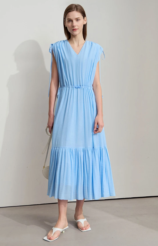 Ruffled Sleeveless V-Neck Hem Drawstring Raglan Sleeve Dress