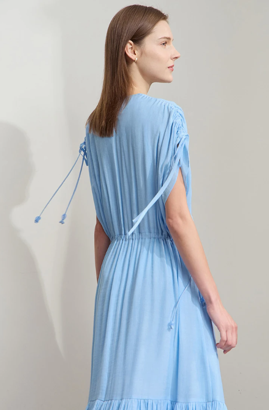 Ruffled Sleeveless V-Neck Hem Drawstring Raglan Sleeve Dress