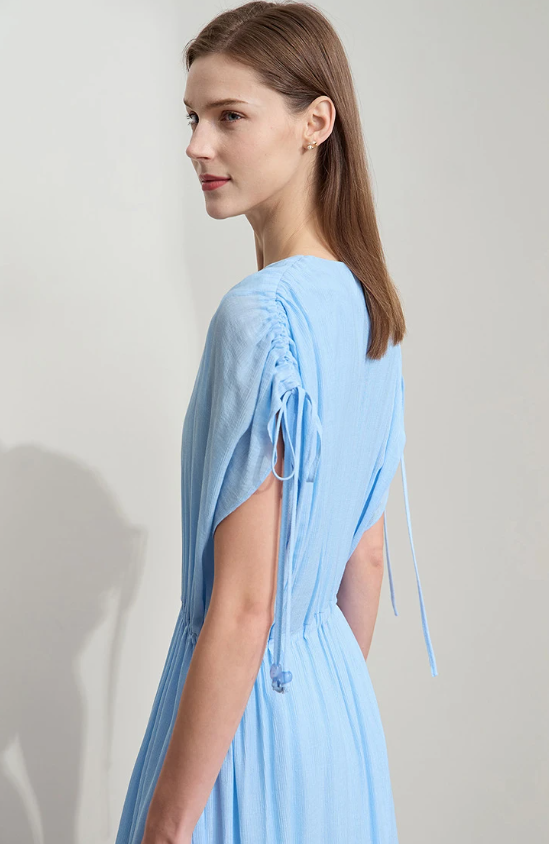 Ruffled Sleeveless V-Neck Hem Drawstring Raglan Sleeve Dress