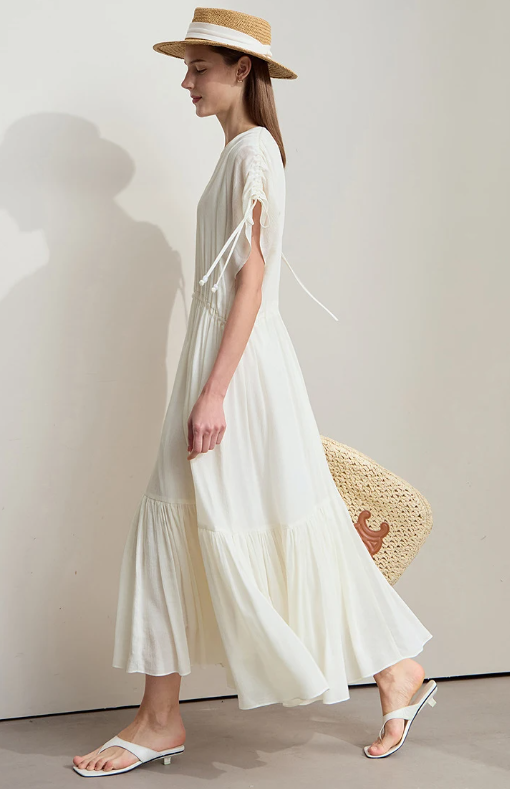 Ruffled Sleeveless V-Neck Hem Drawstring Raglan Sleeve Dress