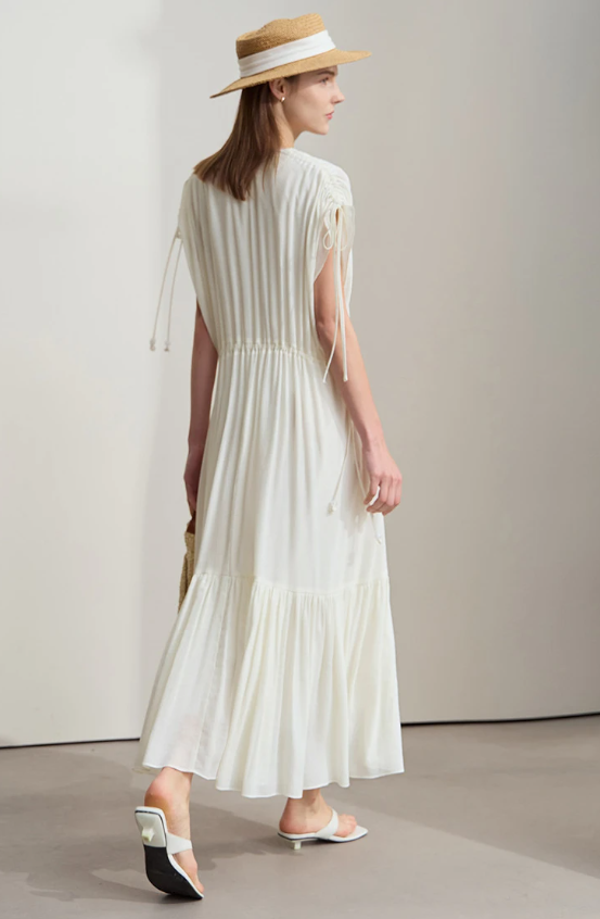 Ruffled Sleeveless V-Neck Hem Drawstring Raglan Sleeve Dress