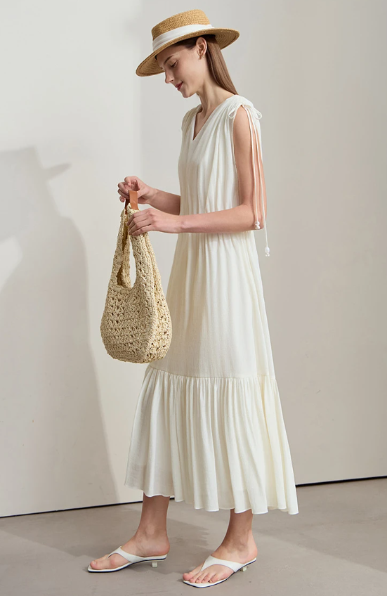 Ruffled Sleeveless V-Neck Hem Drawstring Raglan Sleeve Dress