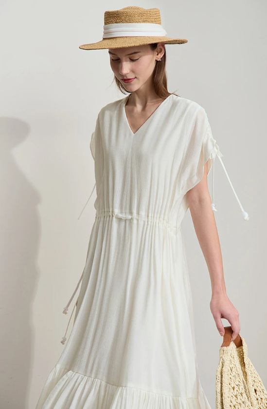 Ruffled Sleeveless V-Neck Hem Drawstring Raglan Sleeve Dress