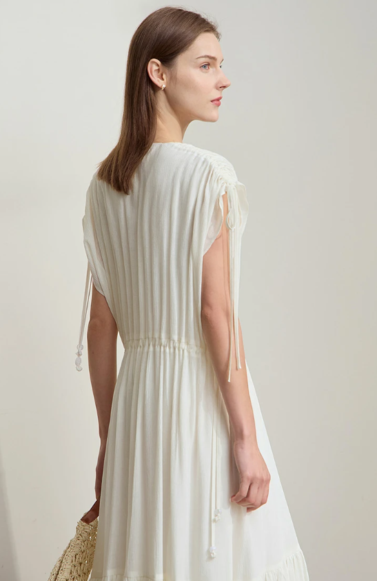 Ruffled Sleeveless V-Neck Hem Drawstring Raglan Sleeve Dress
