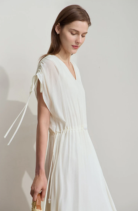 Ruffled Sleeveless V-Neck Hem Drawstring Raglan Sleeve Dress