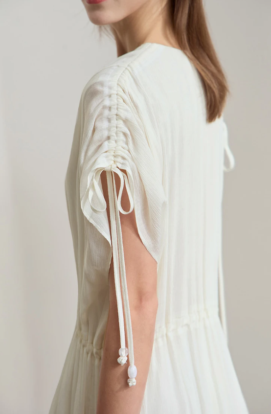Ruffled Sleeveless V-Neck Hem Drawstring Raglan Sleeve Dress