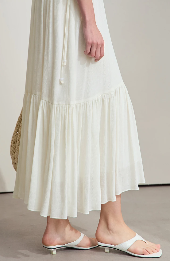 Ruffled Sleeveless V-Neck Hem Drawstring Raglan Sleeve Dress