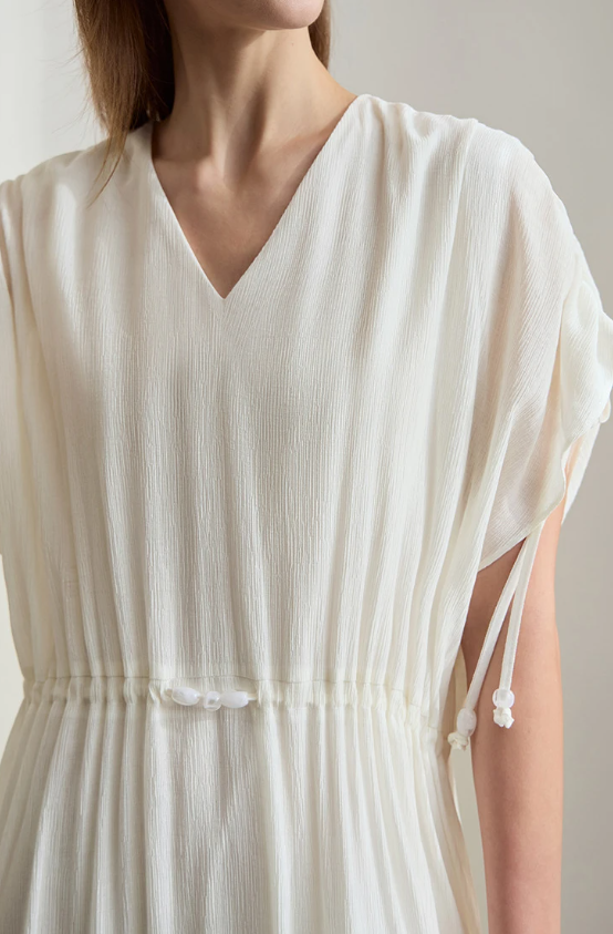 Ruffled Sleeveless V-Neck Hem Drawstring Raglan Sleeve Dress