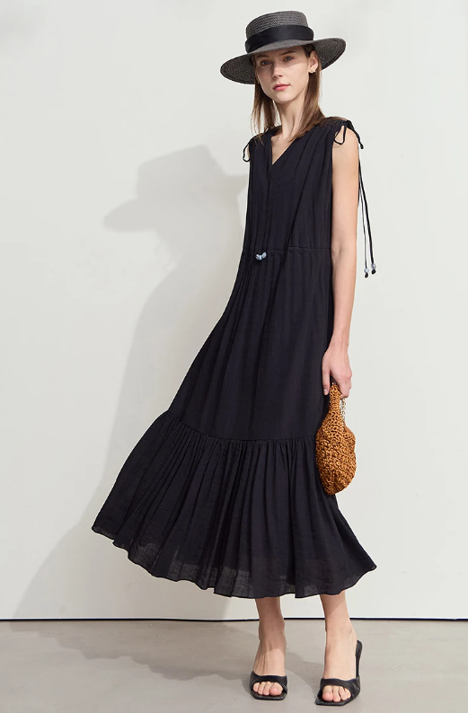 Ruffled Sleeveless V-Neck Hem Drawstring Raglan Sleeve Dress