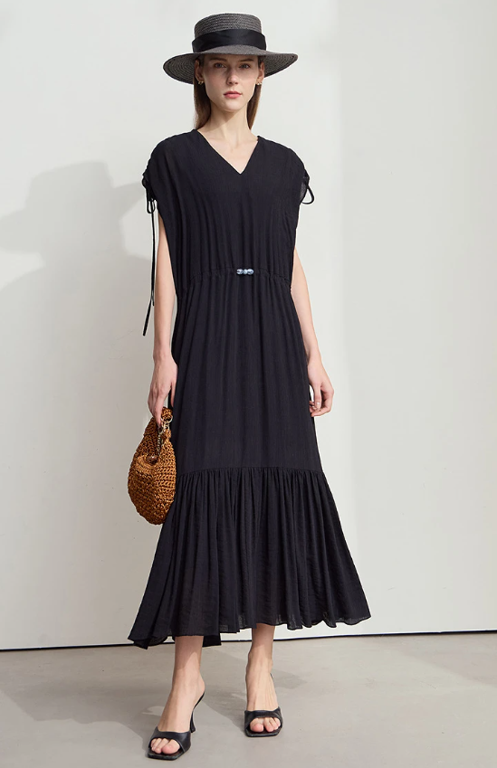 Ruffled Sleeveless V-Neck Hem Drawstring Raglan Sleeve Dress