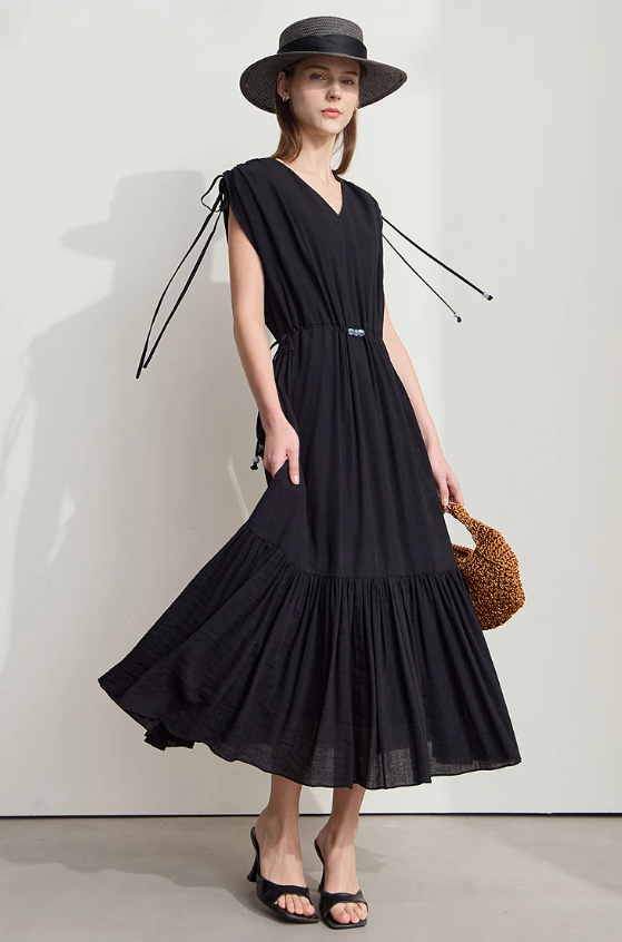 Ruffled Sleeveless V-Neck Hem Drawstring Raglan Sleeve Dress