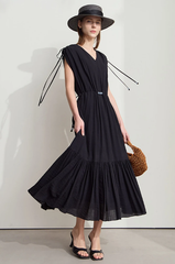 Ruffled Sleeveless V-Neck Hem Drawstring Raglan Sleeve Dress