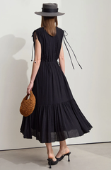 Ruffled Sleeveless V-Neck Hem Drawstring Raglan Sleeve Dress