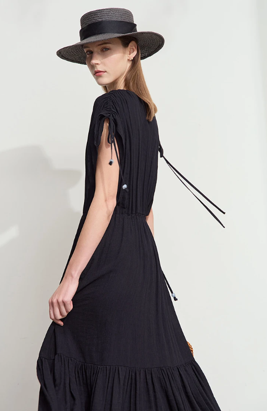 Ruffled Sleeveless V-Neck Hem Drawstring Raglan Sleeve Dress
