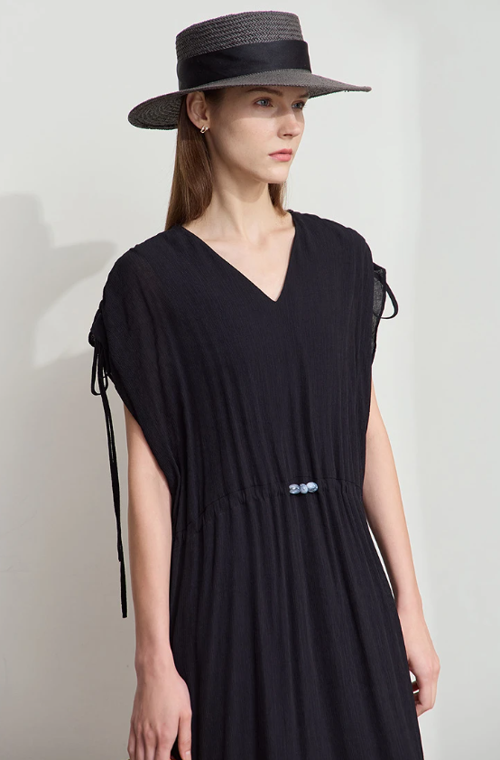 Ruffled Sleeveless V-Neck Hem Drawstring Raglan Sleeve Dress